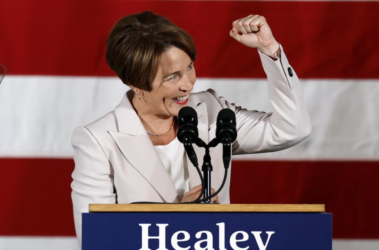 Massachusetts Gov.-elect Maura Healey, at a Democratic election night party Nov. 8, 2022, in Boston. <a href="https://newsroom.ap.org/detail/Election2022MassachusettsGovernor/55bca68cf30541aeb4cf81b9c7eb0848/photo?Query=Maura%20Healey&mediaType=photo&sortBy=arrivaldatetime:desc&dateRange=Anytime&totalCount=350&currentItemNo=53" rel="nofollow noopener" target="_blank" data-ylk="slk:AP Photo/Michael Dwyer;elm:context_link;itc:0;sec:content-canvas" class="link ">AP Photo/Michael Dwyer</a>