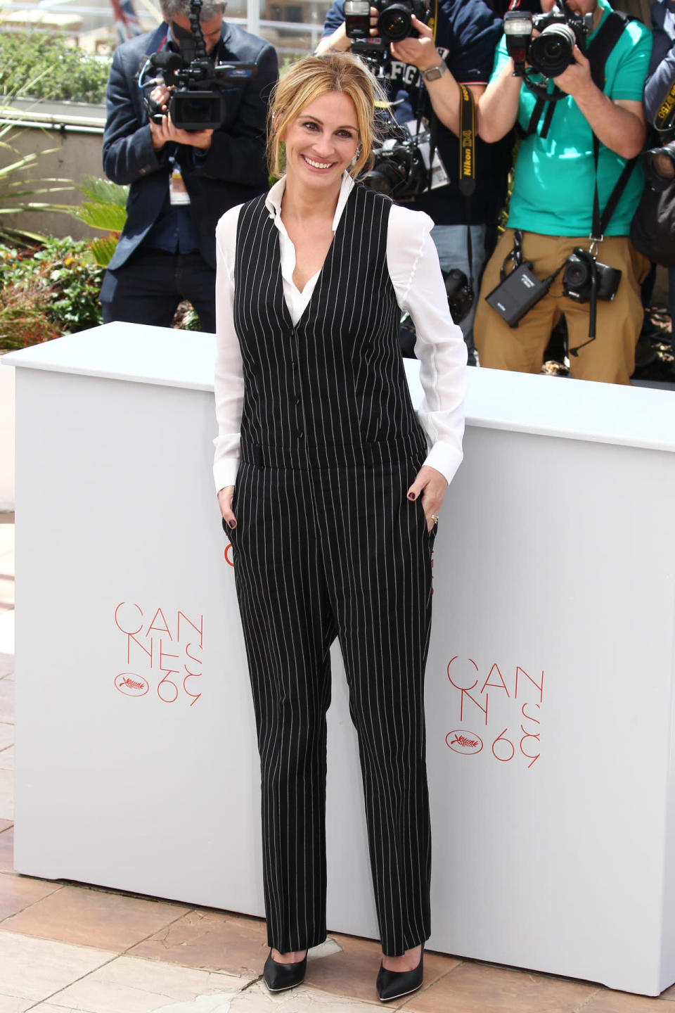 Julia Roberts in a pinstripe jumpsuit 