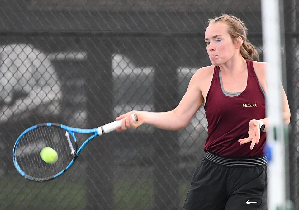 Milbank's Hope Karels hits a return shot during a first-flight singles match in the state Class A girls tennis tournament that concluded on Tuesday, Oct. 3, 2023 at Sioux Falls. Karels placed fourth in the first flight of singles.