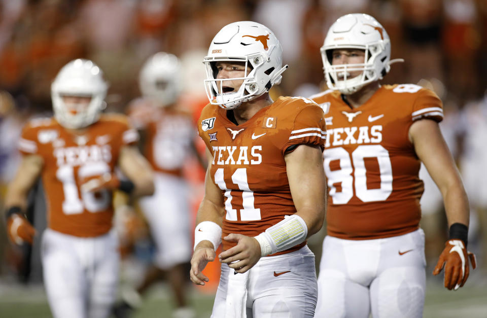 Texas Longhorns quarterback Sam Ehlinger #11 calls a play against the LSU Tigers Saturday Sept. 7, 2019 at Darrell K Royal-Texas Memorial Stadium in Austin, Tx. ( Photo by Edward A. Ornelas )