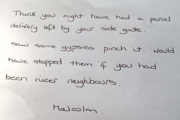 The note from Malcolm.