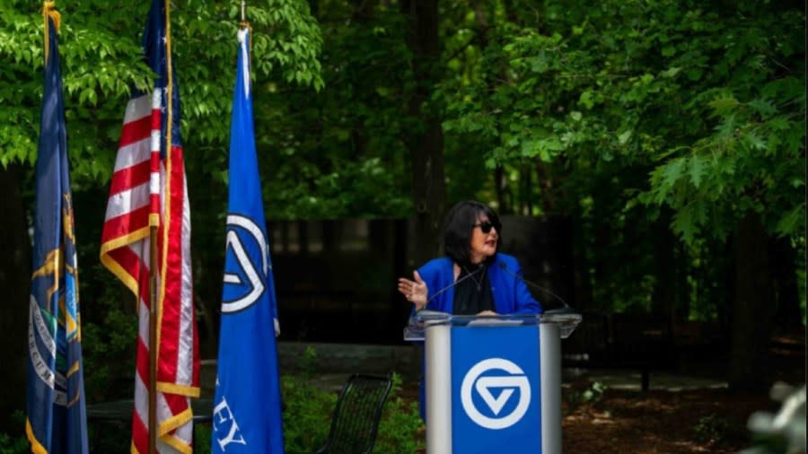 Grand Valley State University President Philomena V. Mantella speaks at a memorial ceremony on May 24, 2024. (Courtesy Kendra Stanley-Mills/GVSU)