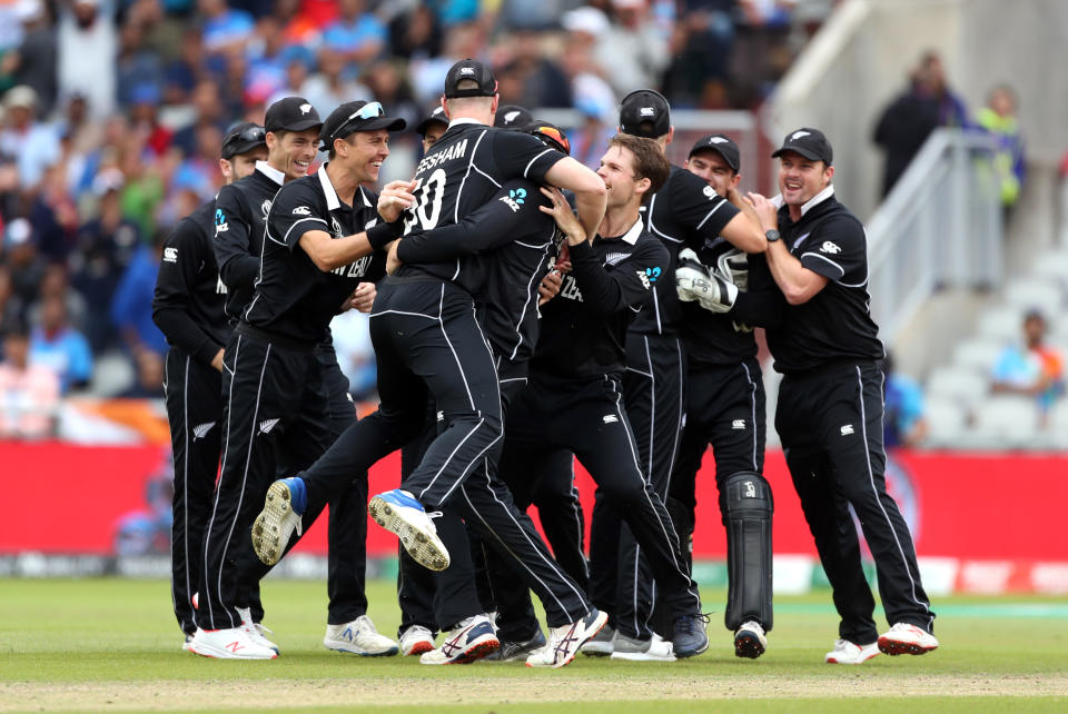 New Zealand players celebrate after India's MS Dhoni is run out during the ICC World Cup, Semi Final at Old Trafford, Manchester. (Photo by David Davies/PA Images via Getty Images)