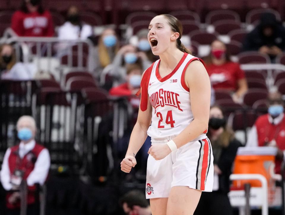 Ohio State Buckeyes guard Taylor Mikesell (24) reacts during the fourth quarter of the NCAA women's basketball game at Value City Arena in Columbus on Thursday, Jan. 20, 2022. Mikesell had 33 points in the 95-89 win.