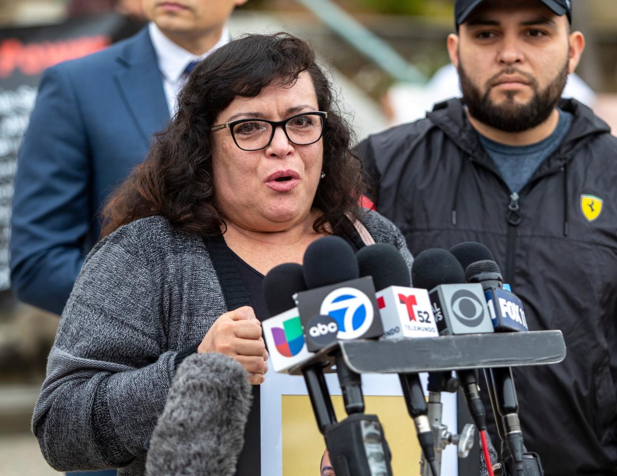 Sara Solis, mother of Mario Solis, speaks during a media conference to announce three federal lawsuits filed against sheriff department over jail deaths in Riverside, Calif., Thursday, June 1, 2023. 