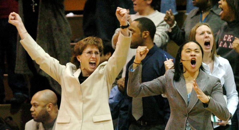 From Sunday, March 7, 2004: Then Temple coach Dawn Staley, foreground right, along with assistant coach Lisa Boyer, left, react as the buzzer sounds giving Temple a 64-62 victory over Richmond during a semifinal of the Atlantic 10 tournament in Philadelphia.