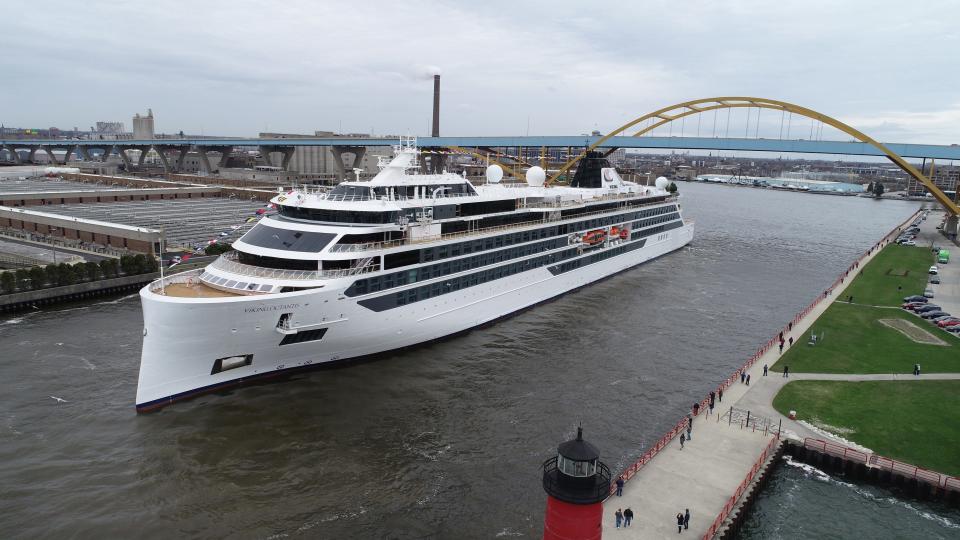 The Viking Octantis passes under the Hoan Bridge in Milwaukee on Friday May 6. It is the first cruise ship to visit the city since 2019.