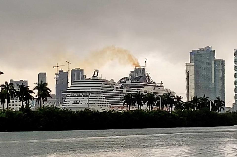 From his home on Palm Island, Tom Sullivan spotted the MSC Meraviglia cruise ship spewing exhaust while docked at PortMiami on Feb. 16, 2021. MSC Meraviglia is equipped to be able to turn off its engine and plug in while in port, but PortMiami doesn’t have shore power.