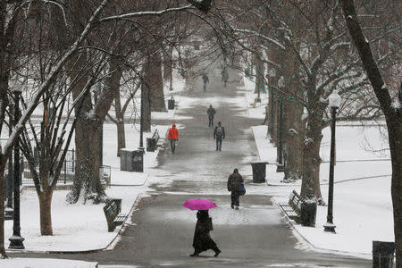 Pedestrians walk through Boston Common during a winter snow storm in Boston, Massachusetts, U.S., January 17, 2018. REUTERS/Brian Snyder