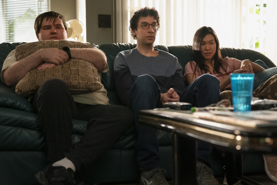 Albert Rutecki, from left, Rick Glassman and Sue Ann Pien in a scene from the new Amazon Prime ensemble series “As We See It,” which follows three young people on the autism spectrum as they negotiate daily life. (Ali Goldstein/Amazon via AP)