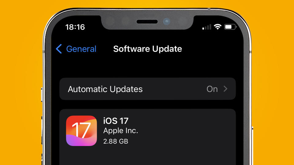  An iPhone on a yellow background showing the iOS 17 install page. 