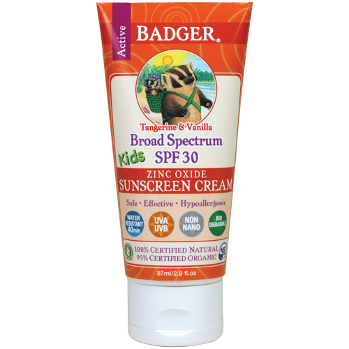 Active Ingredients: 19% non-nano uncoated zinc oxide If you are concerned about chemicals in sunscreen and getting a high-level of sun protection for your kids, Badger is a fantastic choice (and my favorite of all the sunscreens we tested). The thick cream features 98% organic ingredients and stands up to absolutely everything, including up to 40-minutes of swimming. It does require a little bit of extra effort to rub in, but it’s worth it. Kids will love the tangerine and vanilla scent. Badger Kids Sunscreen Cream SPF 30 ($16)
