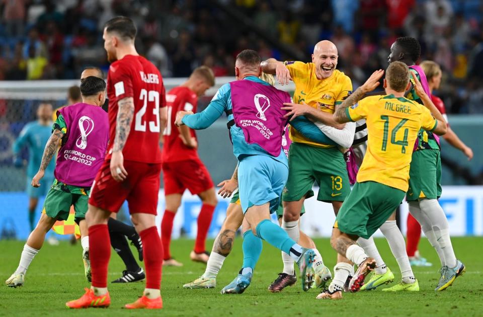 The Socceroos celebrate at the final whistle (Getty)