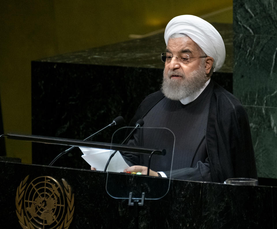 Iran's President Hassan Rouhani addresses the 74th session of the United Nations General Assembly, Wednesday, Sept. 25, 2019. (AP Photo/Craig Ruttle)