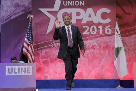Republican U.S. presidential candidate Dr. Ben Carson arrives to speak at the 2016 Conservative Political Action Conference (CPAC) at National Harbor, Maryland March 4, 2016. REUTERS/Joshua Roberts