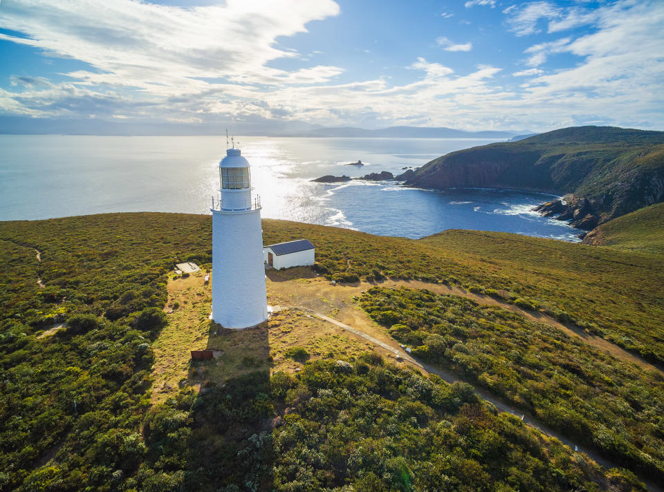 Aerial view of Bruny Island Lighthouse at sunset. Tasmania, Australia