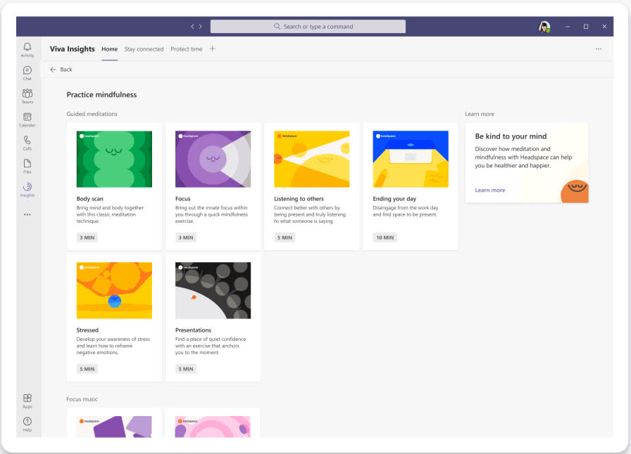 Teams users with Viva Insights will soon be able to access meditations and mindfulness exercises to help deal with the stress of working from home. (Image: Microsoft)