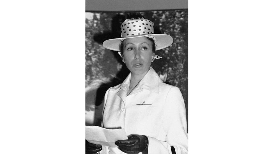 Princess Anne appears in a stylish polka-dot hat which features a head scarf at the back, during a visit to the Tate Gallery in London on May 25, 1978.