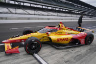 Ryan Hunter-Reay pulls out of the pits during testing at the Indianapolis Motor Speedway, Thursday, April 8, 2021, in Indianapolis. (AP Photo/Darron Cummings)