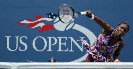 Sep 5, 2016; New York, NY, USA; Venus Williams of the United States serves against Karolina Pliskova of the Czech Republic (not pictured) on day eight of the 2016 U.S. Open tennis tournament at USTA Billie Jean King National Tennis Center. Pliskova won 4-6, 6-4, 7-6(3). Mandatory Credit: Geoff Burke-USA TODAY Sports