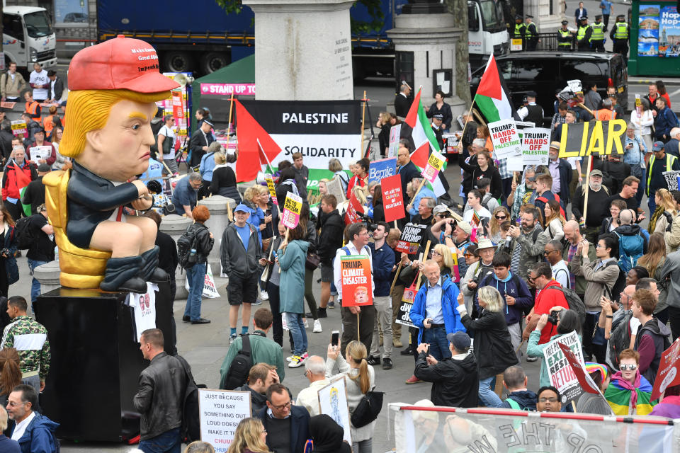 Protestors gather in Trafalgar Square, London on the second day of the state visit to the UK by US President Donald Trump. (Photo by Jacob King/PA Images via Getty Images)