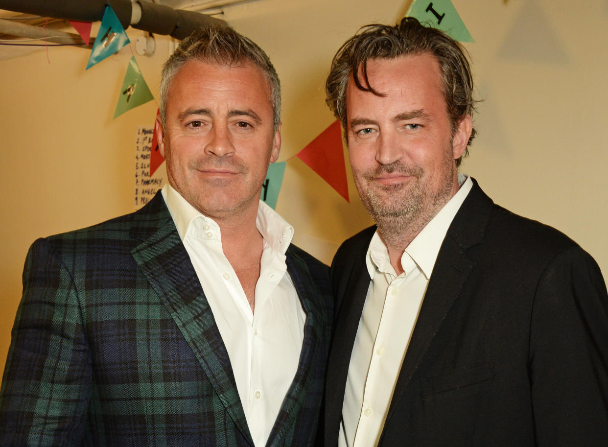 LONDON, ENGLAND - APRIL 30:  Matt LeBlanc (L) and Matthew Perry pose backstage following a performance of "The End Of Longing", Matthew Perry's playwriting debut which he stars in at The Playhouse Theatre on April 30, 2016 in London, England.  (Photo by David M. Benett/Dave Benett/Getty Images)