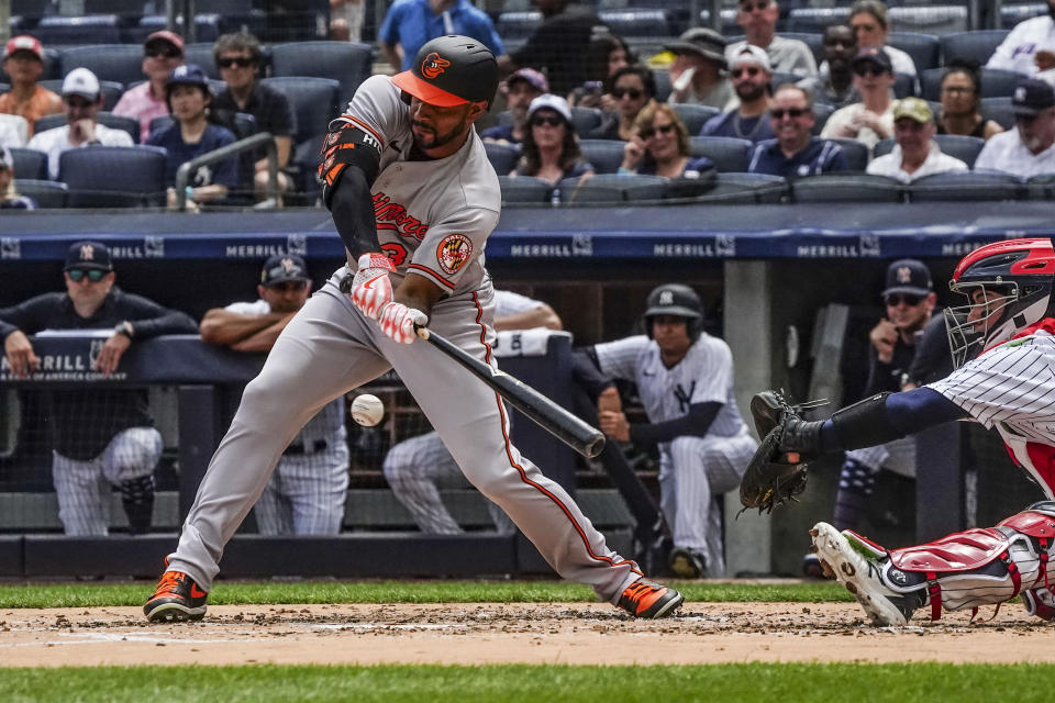 Baltimore Orioles' Aaron Hicks grounds out to third during the second inning of a baseball game against the New York Yankees, Tuesday, July 4, 2023, in New York. (AP Photo/Bebeto Matthews)