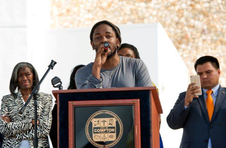 Rapper Kendrick Lamar attends the ceremony honoring him with the Keys of the City of Compton, on February 13, 2016