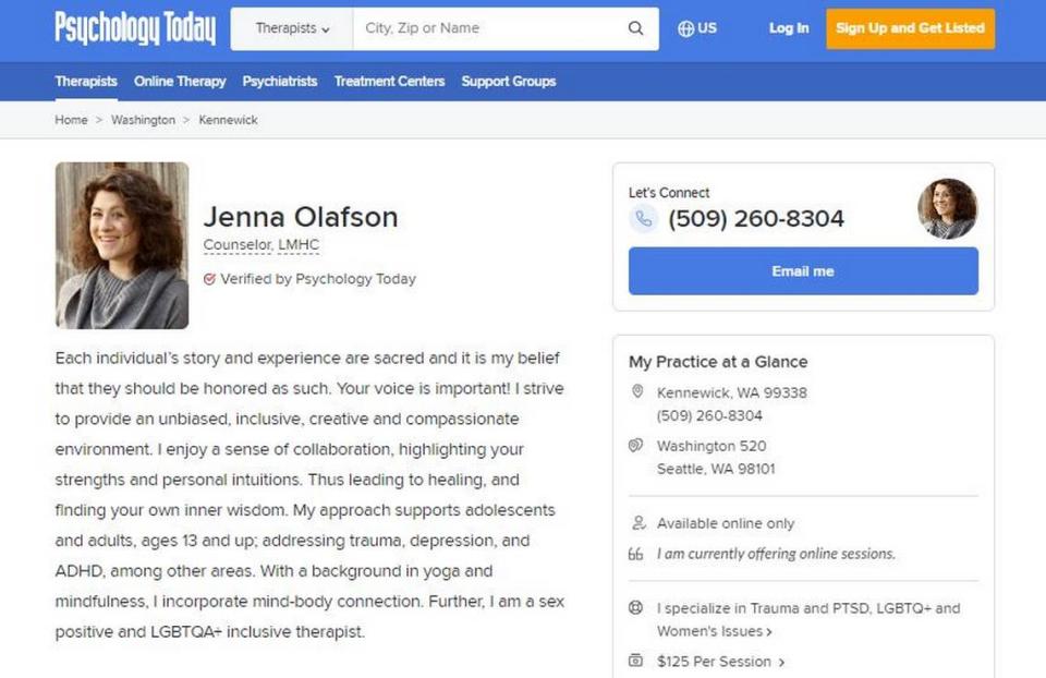 Jenna Olafson’s profile on Psychology Today’s website.