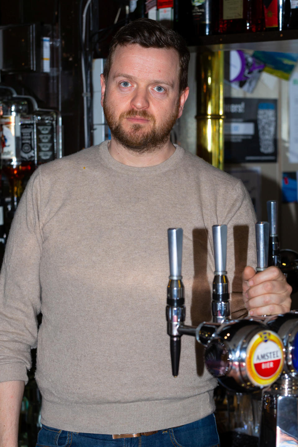 **PICTURE RELEASED FOR SUNDAY PRINT MEDIA - ONLINE EMBARGO UNTIL 6.00AM / SUNDAY 12 MAY, 2019**  Pub landlord Patrick Trenter, 38, at his pub the George and Dragon in Westerham, Kent. See SWNS story SWSYfarage. Former UKIP leader Nigel Farage has been banned from his local pub after he allegedly made a swift exit when he was involved in a head on crash with the landlord. Patrick Tranter, 38, was driving home with his one-year-old son when his Jaguar was hit by Farage's Range Rover, he claims. But instead of checking on Patrick and his son, the Eurosceptic MEP is said to have fled the scene. Patrick and his shaken baby son George were taken to hospital in an ambulance, and he claims his car has been written off. 