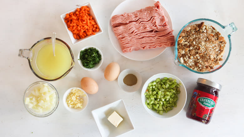 ingredients for turkey meatloaf muffins on cream table