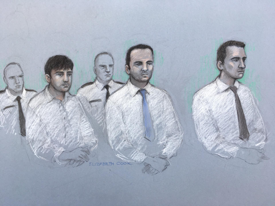 Court artist sketch by Elizabeth Cook of (left to right) Henry Long, 19, Albert Bowers, 18, and Jessie Cole, 18, as they sit in the dock at the Old Bailey in London, where they are accused of murdering 28-year-old police officer Pc Andrew Harper, who was dragged behind a car after responding to a reported quad bike theft in August 2019. Their original trial, which started in February, was abandoned due to the coronavirus pandemic.