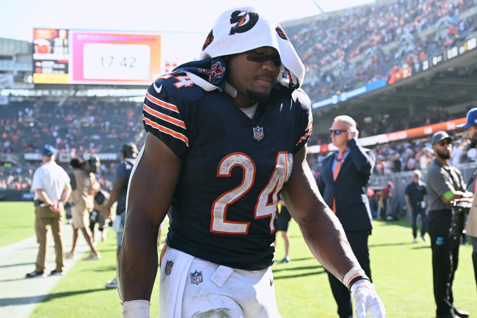 CHICAGO, ILLINOIS – OCTOBER 01: Khalil Herbert #24 of the Chicago Bears walks off the field after the game against the Denver Broncos at Soldier Field on October 01, 2023 in Chicago, Illinois. (Photo by Quinn Harris/Getty Images) ORG XMIT: 775992302 ORIG FILE ID: 1712039168