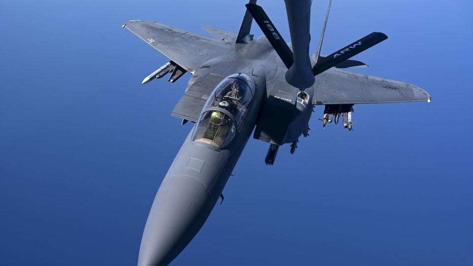 An Air Force KC-135 Stratotanker refuels a F-15E Strike Eagle April 19 during exercise Southern Strike, which focused on Agile Combat Employment. (Staff Sgt. Ashley Sokolov/Air Force)