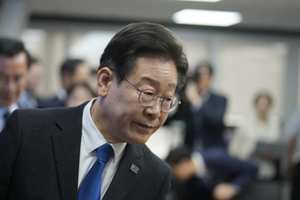 South Korea's main opposition Democratic Party leader Lee Jae-myung leaves after the disbandment ceremony of the party's election committee for the parliamentary election at the party's headquarters in Seoul, South Korea, Thursday, April 11, 2024. (AP Photo/Lee Jin-man)