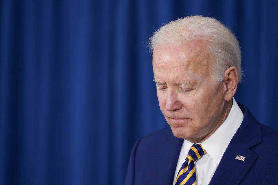 FILE - President Joe Biden pauses as he answers a reporter's question about Ukraine after speaking about the May jobs report, June 3, 2022, in Rehoboth Beach, Del. One year ago, President Joe Biden braced for the worst as Russia massed troops in preparation to invade Ukraine. But as Russia’s deadly invasion reaches the one year mark, Kyiv stands and Ukraine has exceeded even its own expectations. (AP Photo/Patrick Semansky, File)