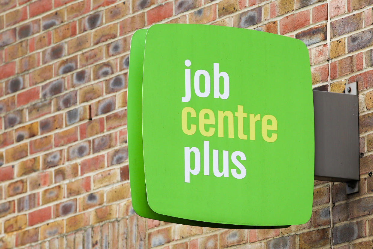 A Job Centre Plus sign is seen outside its central London office. (Photo by Dinendra Haria / SOPA Images/Sipa USA)