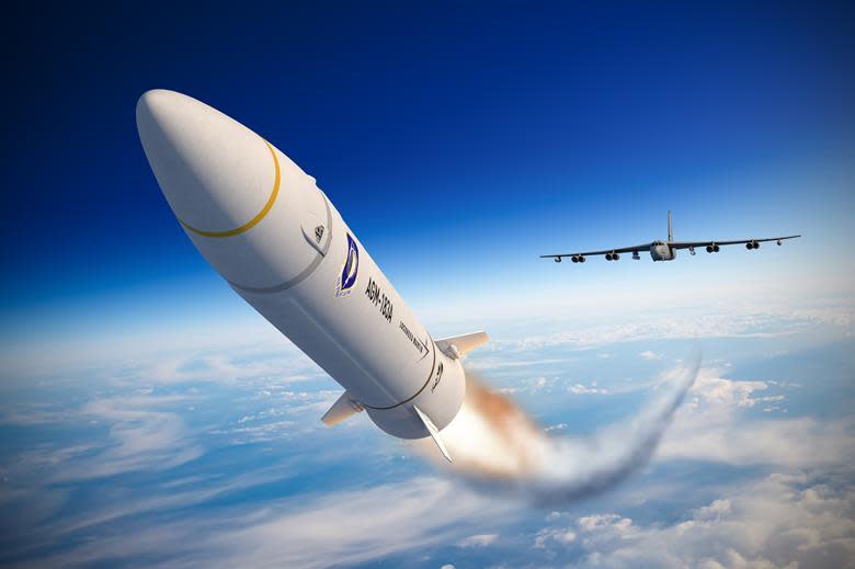 An artist's conception from Lockheed Martin shows an Air-Launched Rapid Response Weapon (ARRW) being launched from a B-52 bomber. The Air Force on Monday announced a successful test of the ARRW, following a string of failed tests last year.