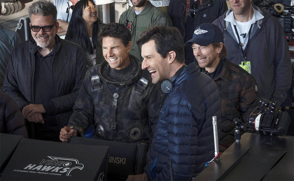 From left: Tom Cruise, director Joseph Kosinski and Bruckheimer on the set of Top Gun: Maverick. Since the 1986 original, Cruise has gained enormous experience says Bruckheimer. He’s got a laser focus that he’s honed through years in our business.