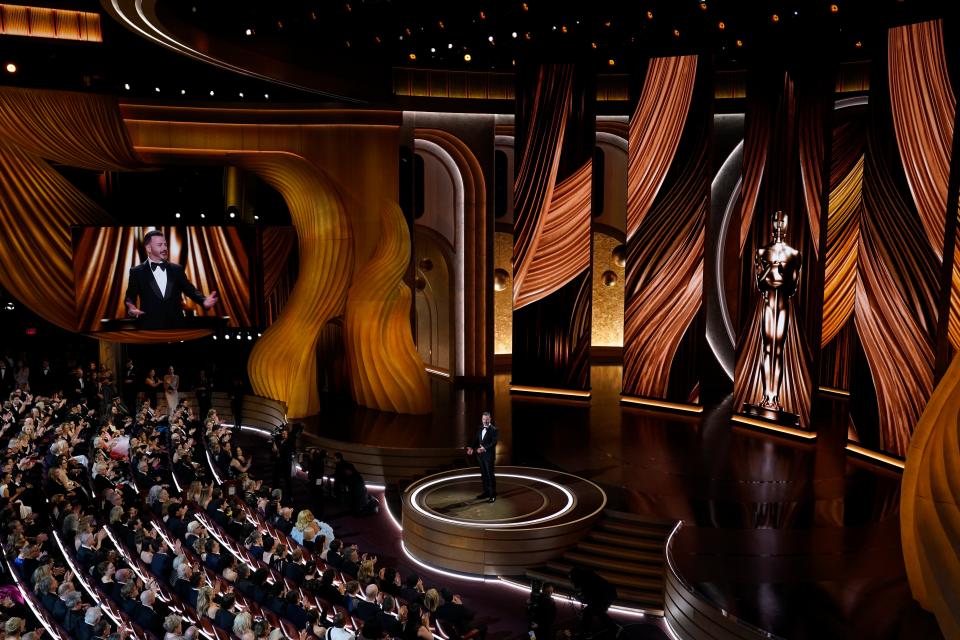 Jimmy Kimmel delivers the opening monologue during the 96th Oscars at the Dolby Theatre at Ovation Hollywood in Los Angeles on March 10, 2024.