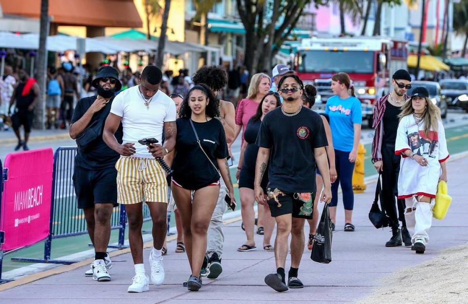 Spring breakers walked along Ocean Drive in South Beach, on Saturday March 26, 2022,