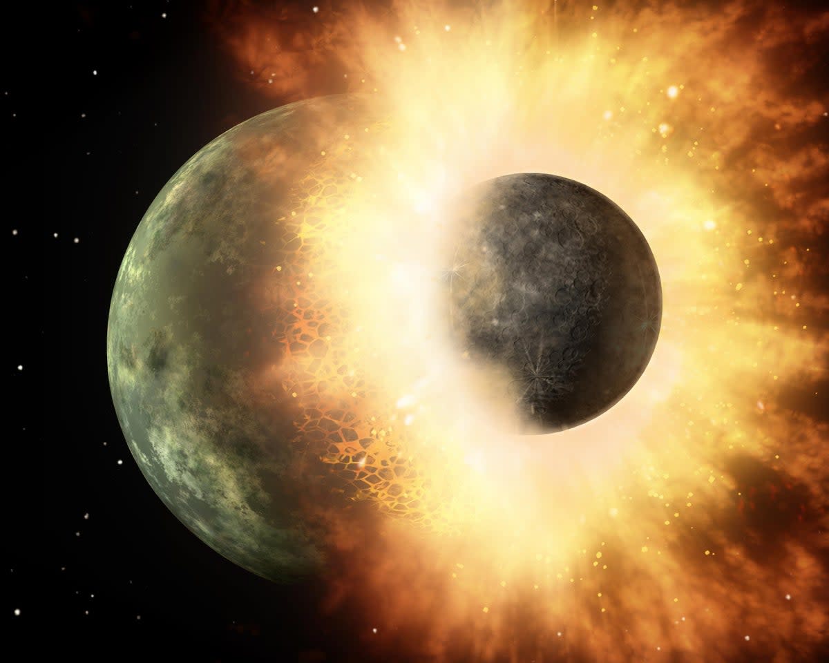 An artist’s conception of the massive impact with the primordial Earth that may have created the Moon (Nasa/JPL)