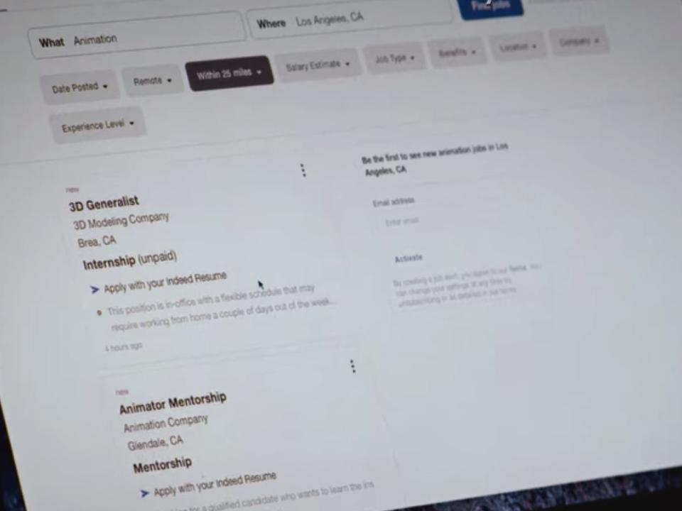 natalie's laptop screen showing a job board with listings for animator positions in look both ways