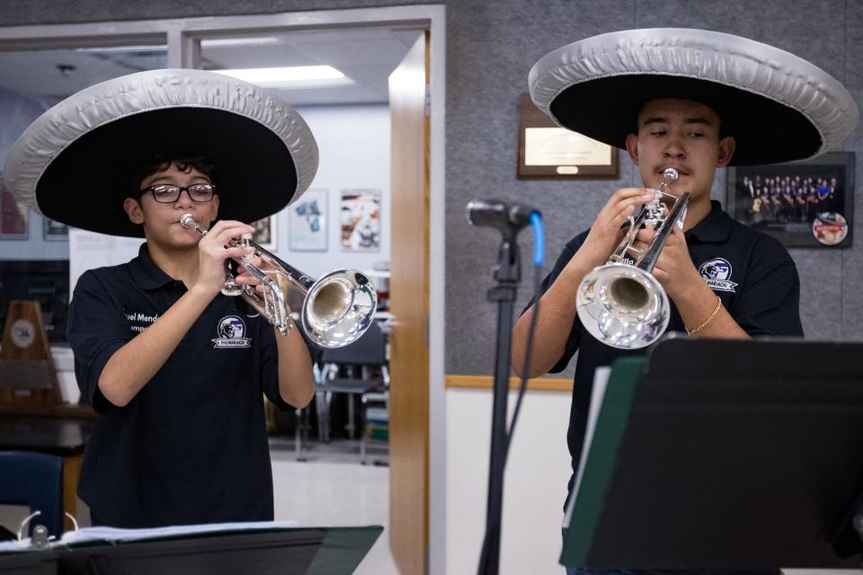 Samuel Mendez and Levi Padilla, students at Franklin High School, play the trumpet at rehearsal on Friday, Feb. 9, 2024. Mariachi Estrella Del Oeste is one of the four El Paso Independent School District high schools that have secured spots in the 2024 UIL State Mariachi Festival.