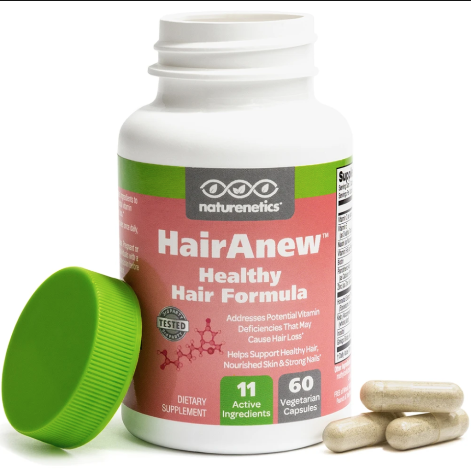 <p><a href="https://www.naturenetics.com/products/hairanew-hair-formula-with-biotin" rel="nofollow noopener" target="_blank" data-ylk="slk:Shop Now;elm:context_link;itc:0;sec:content-canvas" class="link ">Shop Now</a></p><p>HairAnew</p><p>naturenetics.com</p><p>$29.71</p><span class="copyright">Naturenetics</span>