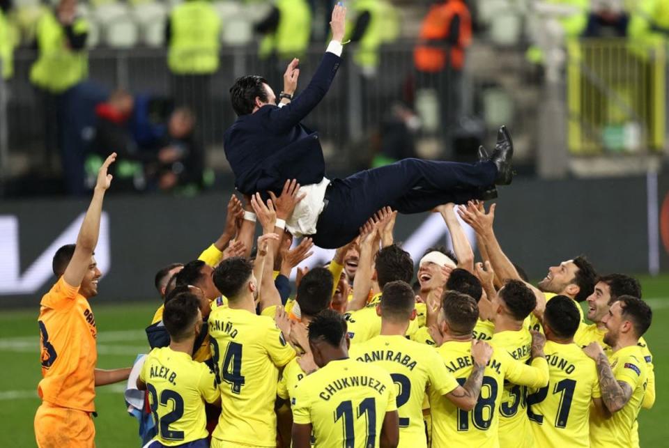 Emery celebrating his fourth Europa League triumph, with Villarreal (POOL/AFP via Getty Images)