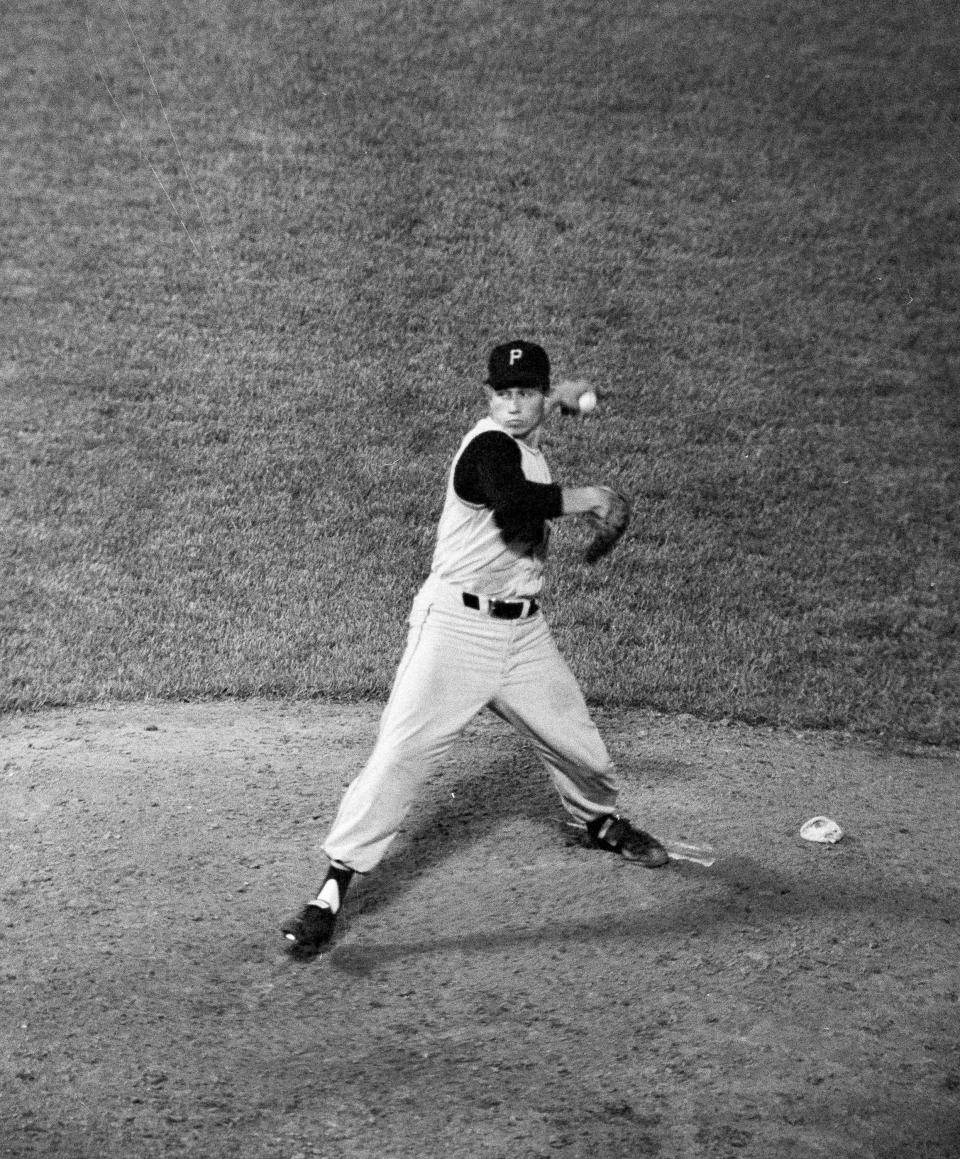 Pitcher Harvey Haddix, 33-year-old Pittsburgh Pirate southpaw ace, was a master of form as he retired every Milwaukee Braves player to face him for 12 solid innings, in Milwaukee, May 27, 1959. The Braves won, though, by a score of 1-0 in the 13th inning.