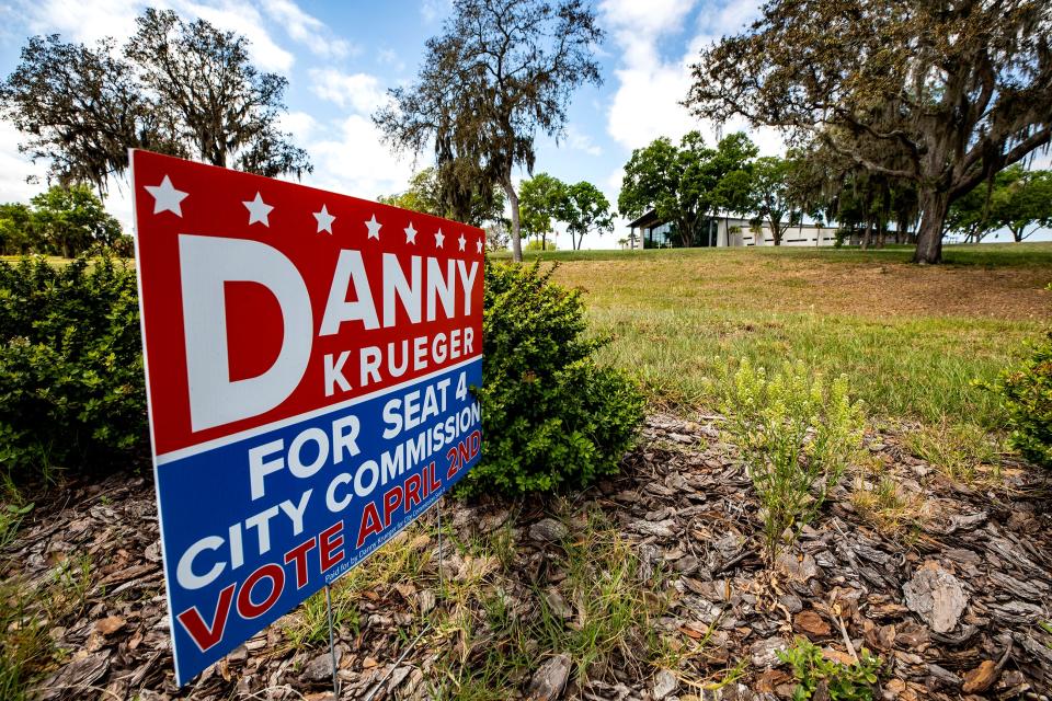 A campaign sign for Lake Wales City Commissioner Danny Krueger is seen planted in front of HighPoint Church in March. The church's pastor, Jack Hilligoss, is also mayor of Lake Wales. He has explicitly endorsed Krueger and other candidates during church services.