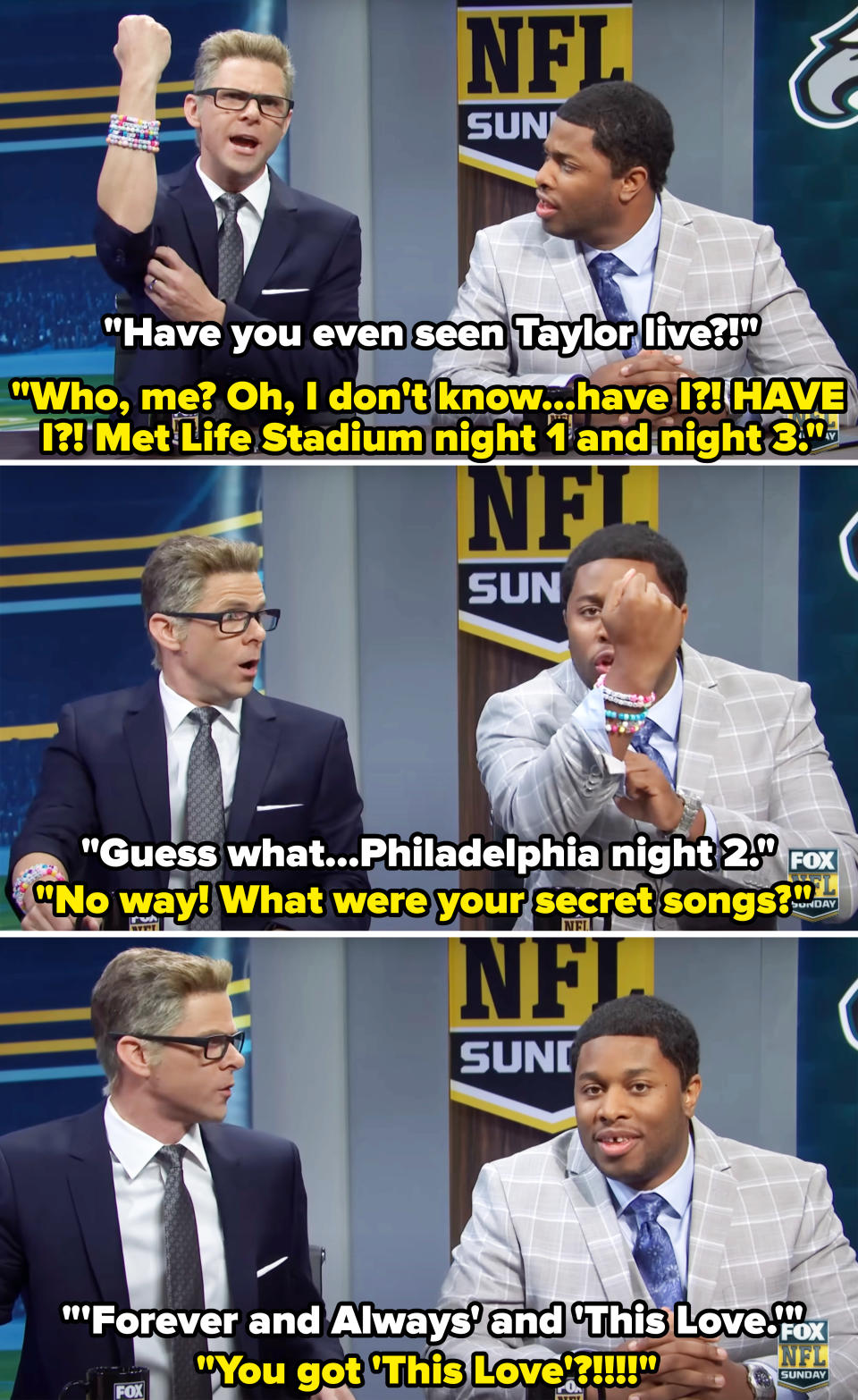 Sports anchors from the sketch asking each other if they've seen Taylor in concert ("Who, me? Oh, I don't know — have I?! HAVE I?! Met Life Stadium night 1 and night 3"), and saying their "secret songs"