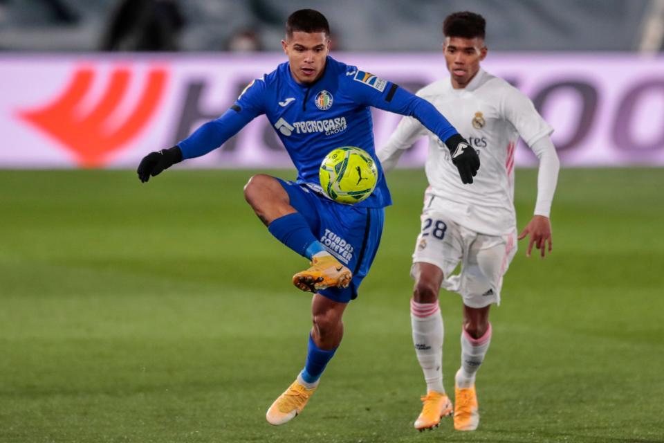 Cucho Hernandez has played for Hueseca, RCD Mallorca and Getafe in La Liga. Here, Hernandez makes a play for Getafe against Real Madrid.